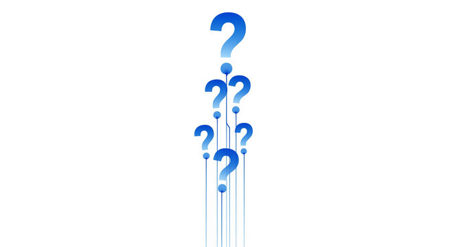 Blue question marks connected by lines, forming a vertical pattern on white background, symbolizing inquiry, uncertainty, or problem-solving - Powered by Adobe