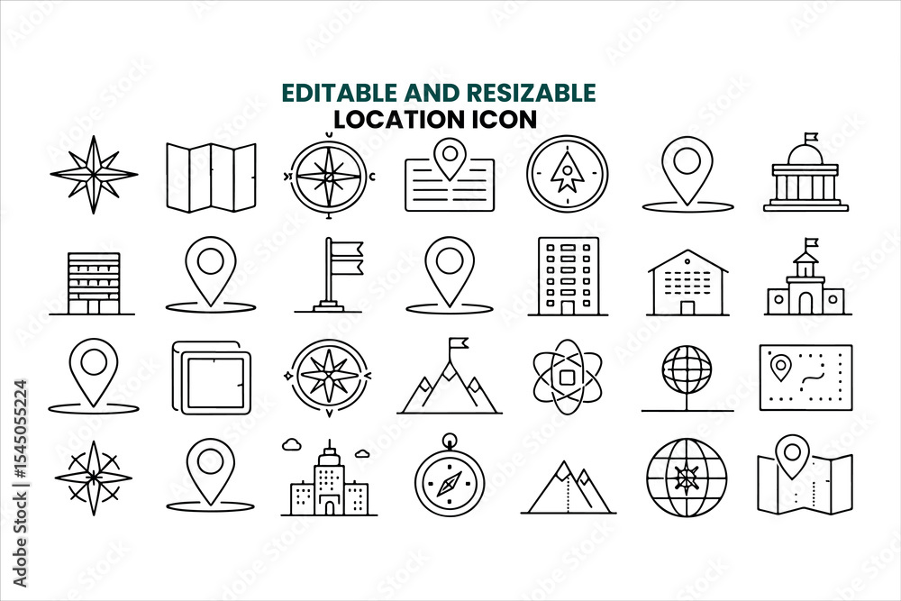 Poster set of 30 outline icons related to location. linear icon collection. editable stroke. vector illustr
