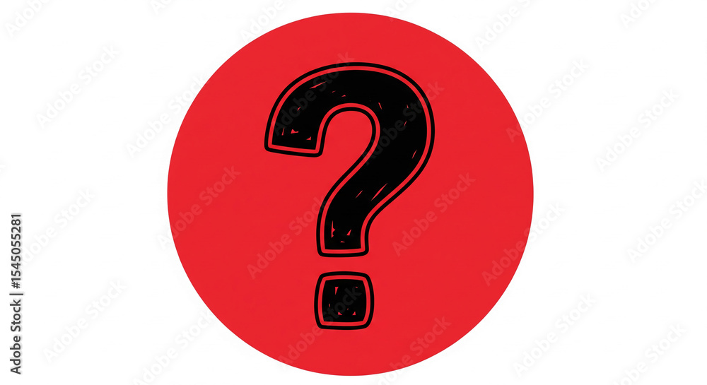 Poster red circle background with black question mark, simple design, symbolizing inquiry, uncertainty, or 