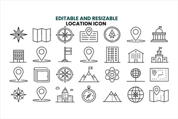 Set of 30 outline icons related to location. Linear icon collection. Editable stroke. Vector illustration
