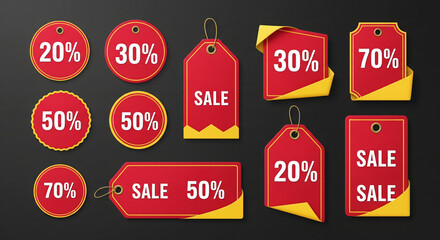 Red and yellow sale tags with various percentage discounts, showcasing promotional offers for retail or e-commerce, ideal for advertising or marketing campaigns