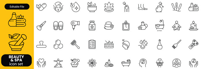 Wellness and Spa Line Editable Icons set. Vector illustration in modern thin line style of components of a healthy lifestyle, face and body care, recreation. Pictograms and infographics	
