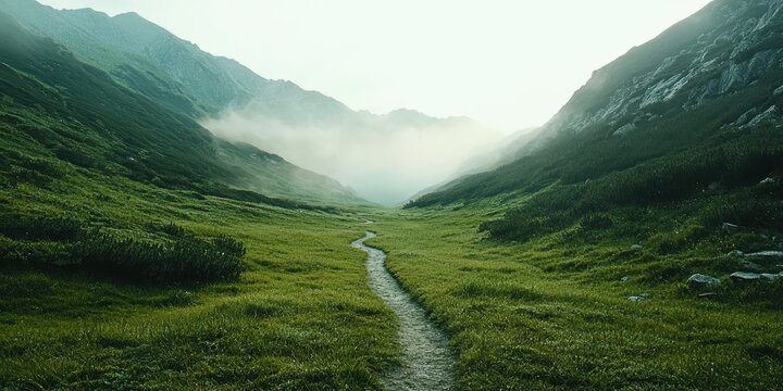 A narrow path winds through a lush green valley surrounded by mist-covered mountains under a cloudy sky.
