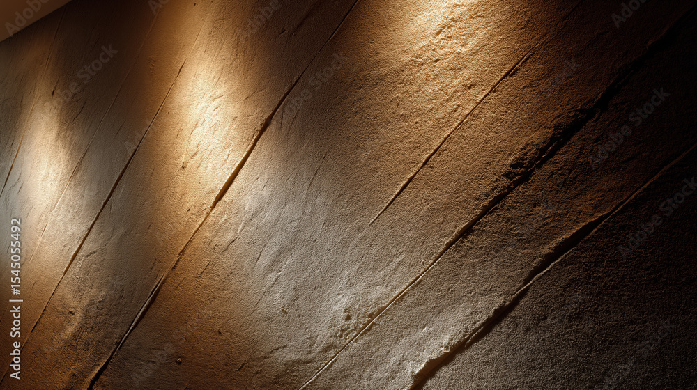 Poster Textured wall with natural patterns is illuminated by warm lighting, creating cozy and inviting atmosphere in studio setting. surface features subtle grooves and variations