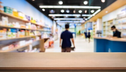 counter at a pharmacy with blurred interior background and customers during checkout for product display