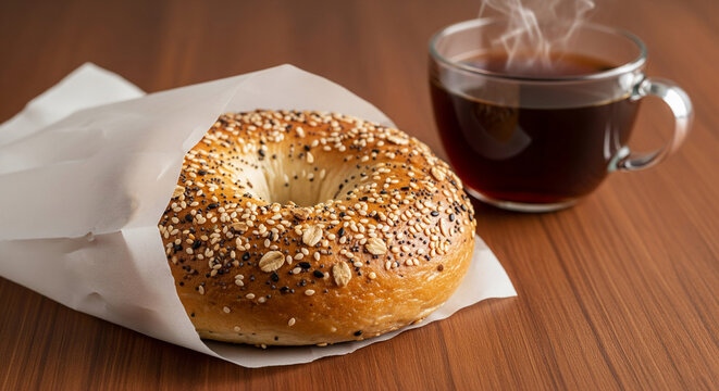Everything bagel in paper bag, beside cup of tea on wood table, suggesting breakfast or simple pleasure