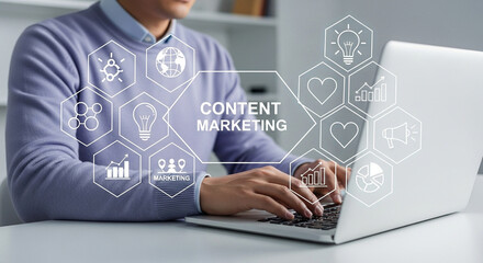 Person typing on laptop with content marketing graphic overlay and icons displayed above hands