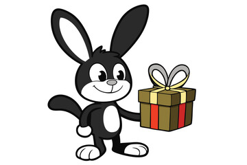 Cartoon rabbit smiles and happily holds a present box, offering joy and celebration