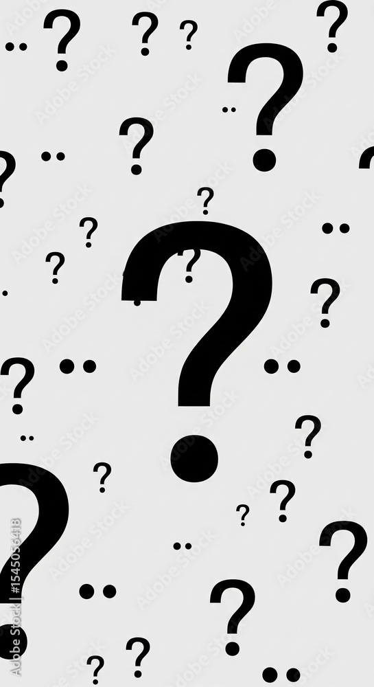 Poster scattered black question marks on light-grey background, symbolizing uncertainty, inquiry, or proble