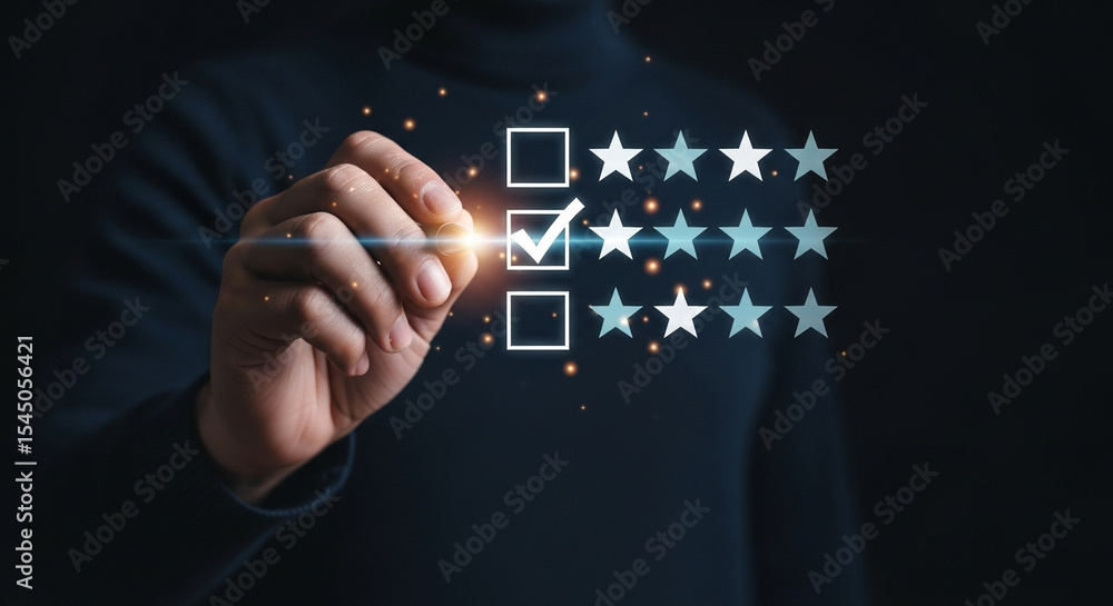 Poster A hand selecting a checkbox with stars indicating customer satisfaction on a dark background