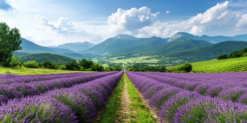 Obraz premium A vibrant lavender field stretches to distant mountains under a partly cloudy sky, showcasing lush greenery and a serene rural landscape.