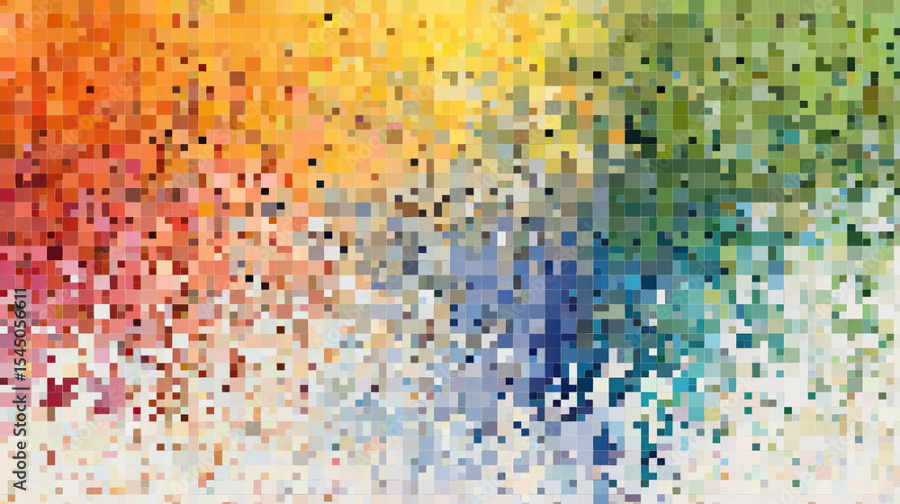 Poster Vibrant mosaic of colorful pixelated squares transitions smoothly from warm yellows and oranges to cool blues and greens, creating dynamic and artistic abstract pattern