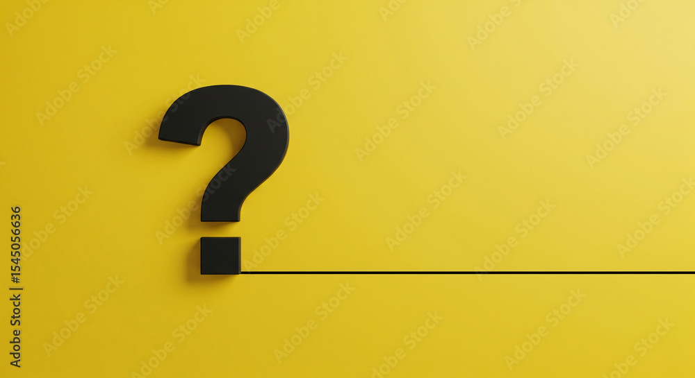 Poster black question mark on yellow background, simple design, signifying inquiry, uncertainty, or need fo