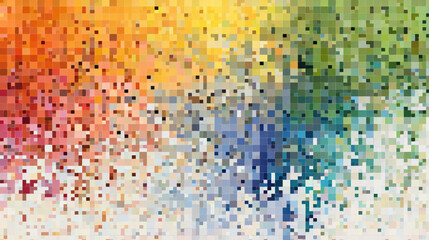 Vibrant mosaic of colorful pixelated squares transitions smoothly from warm yellows and oranges to cool blues and greens, creating dynamic and artistic abstract pattern