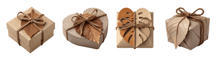 4 designs of cardboard packaging : a heart-shaped box with cutout leaves and a twine bow on top; a rectangular gift box wrapped in brown paper with a wooden carved leaf ornament;  white background.