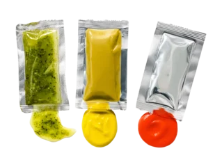Fototapeten Sauce sachet packets with condiments isolated on transparent or white background, png © Medard