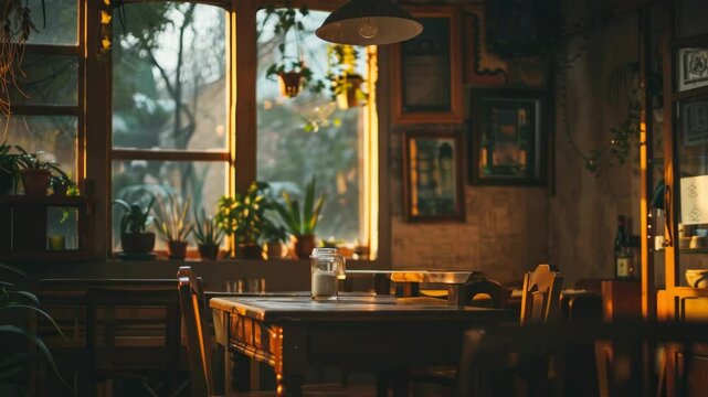 Warm sunlight in rustic dining room