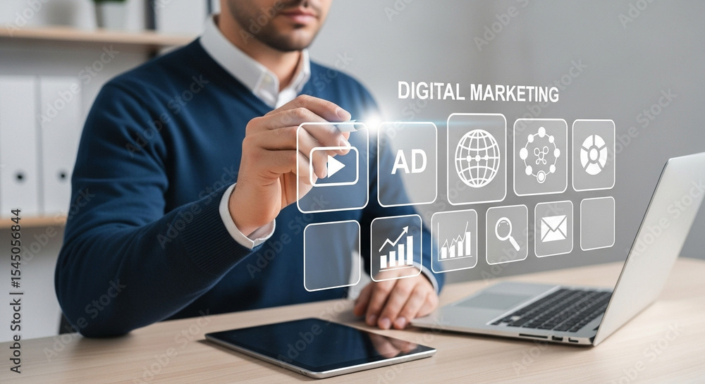 Aufkleber man interacting with digital marketing interface on laptop and tablet at office desk setting up ads