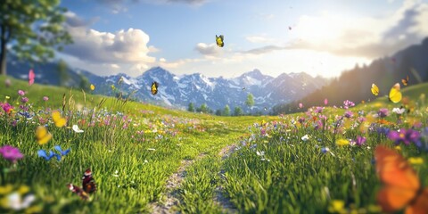 A vibrant meadow filled with wildflowers and butterflies, set against a backdrop of snow-capped mountains under a bright, partly cloudy sky.
