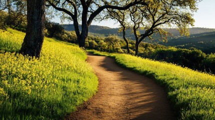 A sunlit dirt path winds through a grassy hill dotted with trees, set against rolling hills and a bright sky.