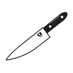 A minimalist black outline of a chef's knife with a sharp blade and a riveted handle is positioned diagonally on a white background.