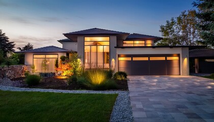 modern house exterior beautiful landscape design outdoor lighting creating inviting ambiance evening scene architectural photography high end property visualization