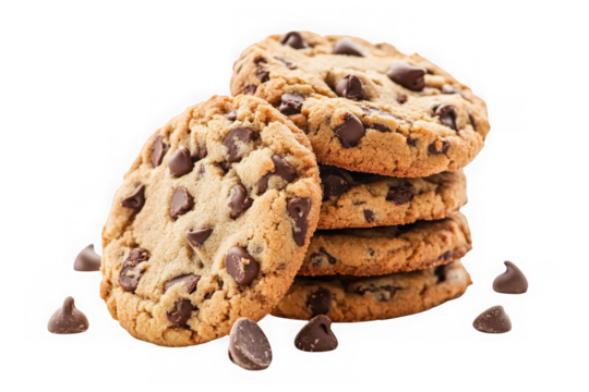 Delicious chocolate chip cookies stack, freshly baked homemade, perfect for dessert, bakery style, isolated on transparent background