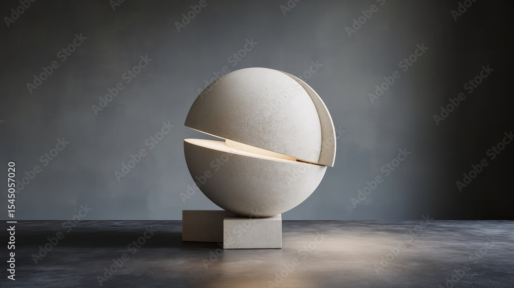 Aufkleber modern sculpture of white sphere is artfully sliced and balanced on dark surface, creating striking 