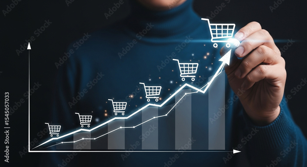 Poster person draws a rising graph with shopping carts showing growth on a dark background with blue light