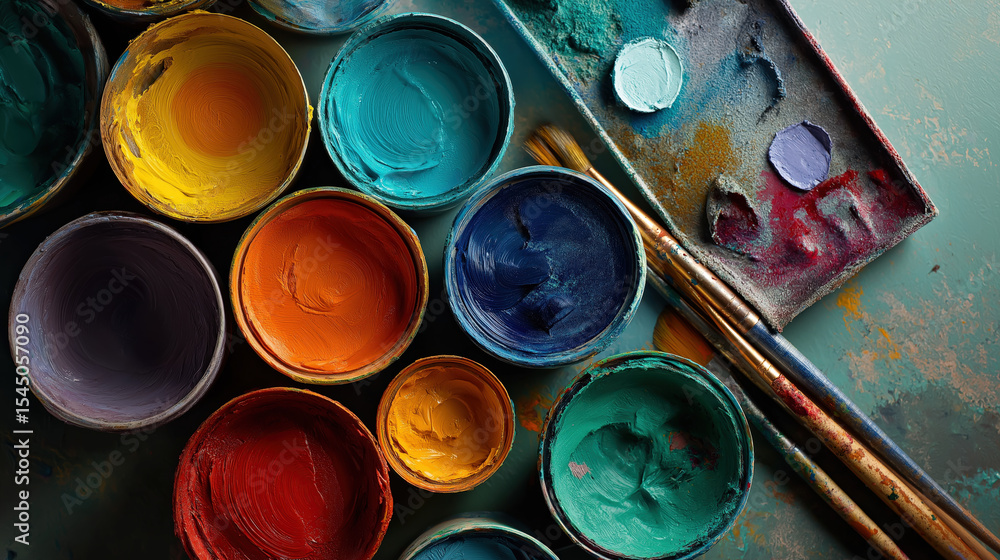 Poster colorful paint cans and brushes create vibrant artistic scene, showcasing variety of hues and textur
