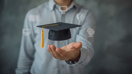 Hand Presenting a Graduation Cap Surrounded by Floating Digital Icons of Online Learning, Books, and Global Knowledge, Symbolizing E-Learning and Academic Achievement.