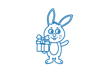 Blue line art depicts a cartoon bunny happily holding a gift box for someone