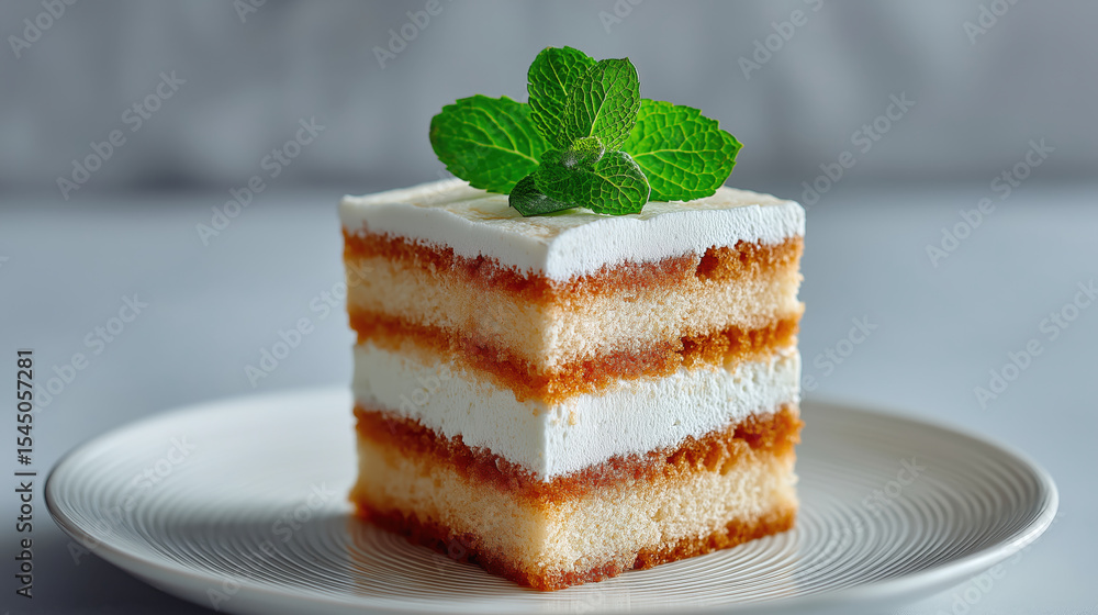 Poster slice of layered sponge cake with velvety cream and mint garnish sits on white plate, creating delig