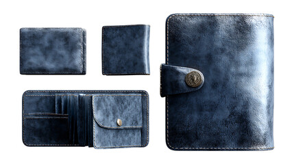 Elegant Dark Blue Leather Planner Set CloseUp Product Shot On Transparent Background