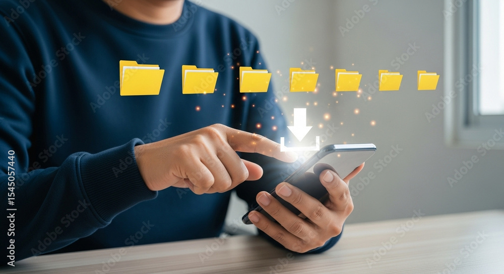 Poster person downloading files to a smartphone with yellow folder icons and a download arrow visible