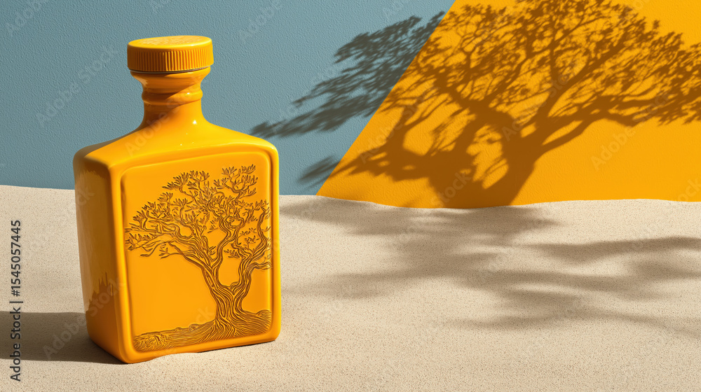 Poster Vibrant yellow bottle with embossed tree design casts playful shadow on textured surface, creating striking contrast against blue and yellow background
