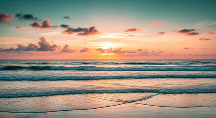 Ocean waves gently rolling onto sandy beach at sunset, pink and orange hues paint the sky, serene and peaceful seascape evokes tranquility and calmness