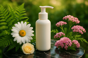 White Cosmetic Bottle on Black Marble with Blooming Garden Backdrop – Natural Skincare Scene with Dewy Flowers and Ferns