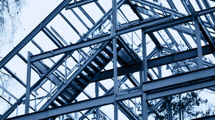 Stacked steel beams in close-up view representing trade barriers and economic protectionism, industrial strength and construction material concepts.