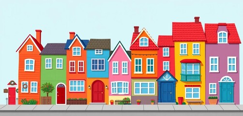 Naklejka premium Vibrant row of colorful houses, whimsical style vector illustration, colorful buildings, colorful houses