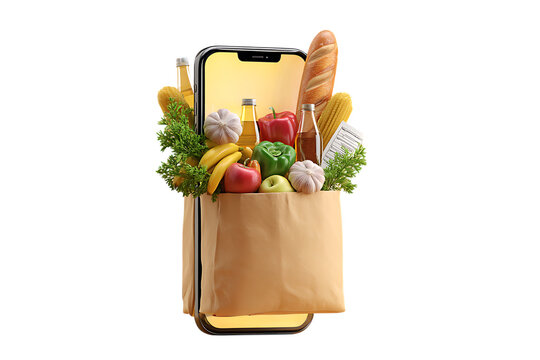 Smartphone with grocery bag, online food delivery concept