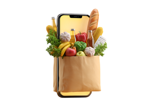 Smartphone with grocery bag, online food delivery concept