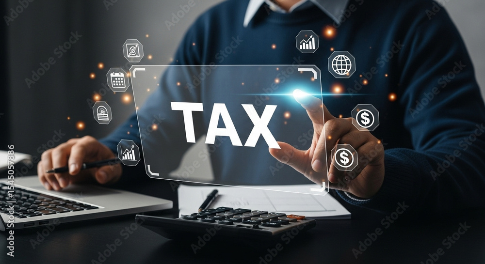 Poster person using laptop and calculator with tax graphic overlay and business related icons floating arou