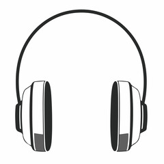 A white outline vector of over-ear headphones with distinct earcups and a headband is displayed on a black background, representing audio or music.