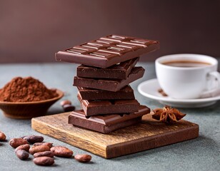 delicious dark chocolate bars stacked with a cup of coffee and cocoa beans for a perfect treat