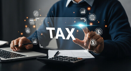 Person using laptop and calculator with tax graphic overlay and business related icons floating around