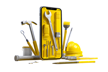 Smartphone with digital toolkit. Repair, maintenance, and service concept.