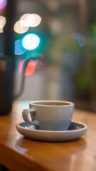 Cup of hot coffee or tea and teapot on wooden table with bokeh background