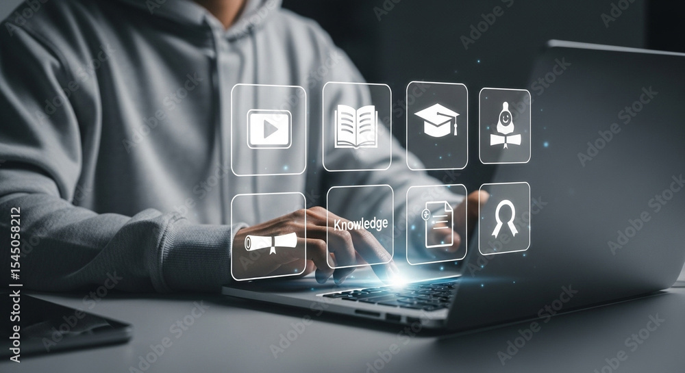 Poster person using laptop with education icons floating above keyboard for online learning concept