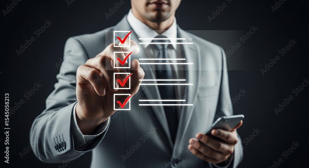 Poster businessman in suit touching virtual checklist with red check marks and holding a smartphone in hand